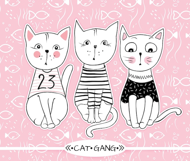 Série de vetores com gatos bonitos da moda. conjunto de gatinho elegante. ilustração moderna na impressão de t-shirt de estilo de esboço, cartões, pôster. doodle kitty. animais para crianças. personagem engraçada.