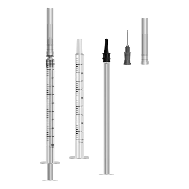 Seringa de insulina 0,5 ml com agulhas hipodérmicas, seringas médicas de uso único montadas e desmontadas.