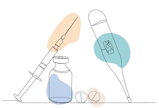 Seringa de termômetro de comprimidos um vetor de desenho de linha contínua