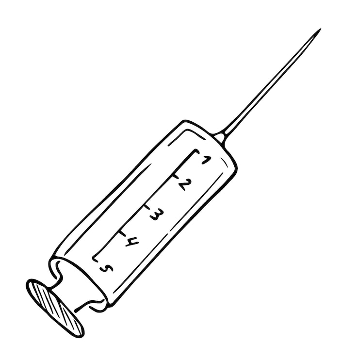 Vetor seringa desenhada à mão em estilo doodle desenho de contorno preto sobre um tema médico seringa preta e branca