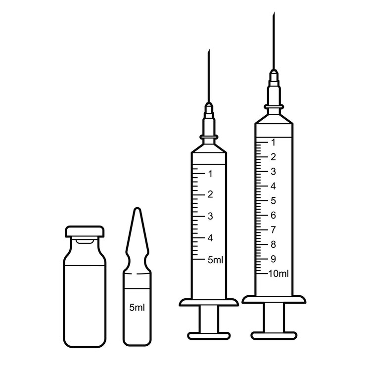 Vetor seringa médica com agulha e frascos ampolas contorno isolado ilustração em fundo branco