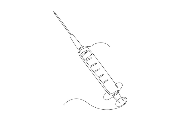 Vetor seringa médica de desenho de uma única linha a seringa é preenchida com uma solução de vacina conceito de equipamento médico desenho de desenho de linha contínua ilustração vetorial gráfica