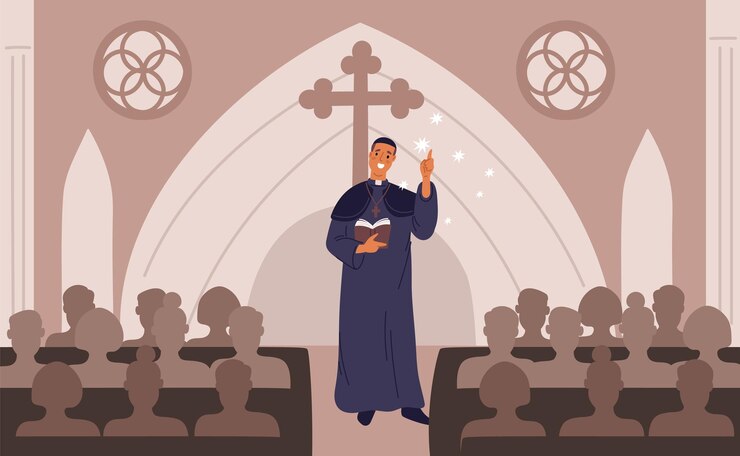 Vetor sermão na catedral católica pessoas de desenho animado na igreja congregação escuta o discurso do padre espiritualidade e fé clérigo cristão pastor lendo o evangelho conceito vetorial garish