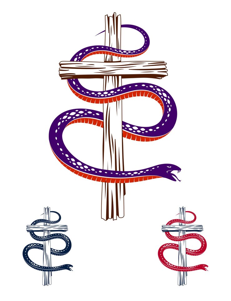Vetor serpent on a cross tatuagem vintage, cobra envolve cruz cristã, alegoria de deus e do diabo, a luta entre o bem e o mal, logotipo de ilustração vetorial simbólica ou emblema.