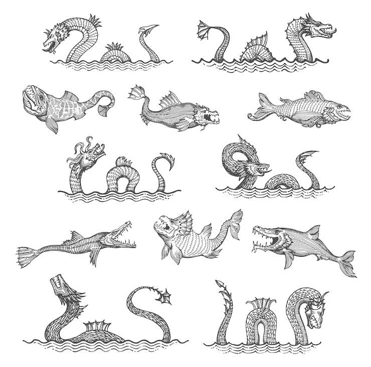 Vetor serpente marinha antiga, dragão, esboço de animais leviatã. monstros marinhos, bestas lendárias do fundo do oceano de vetor gravado, cobras mitológicas e peixes. elementos de mapa marítimo vintage desenhados à mão