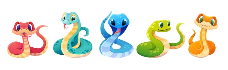 Vetor serpentes bonitas definidas como símbolo do ano novo chinês 2025 personagens de cobra em diferentes poses kawaii sorridente