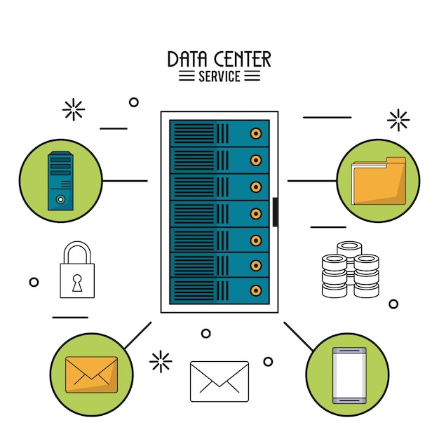 Serviço de centro de dados com servidor de rack e ícones ao redor