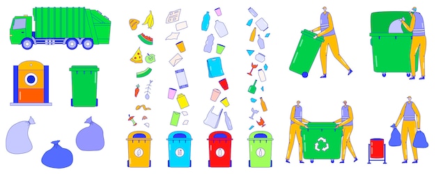 Vetor serviço de coleta de lixo, classificação de ícones do lixo, personagens de desenhos animados de pessoas, ilustração