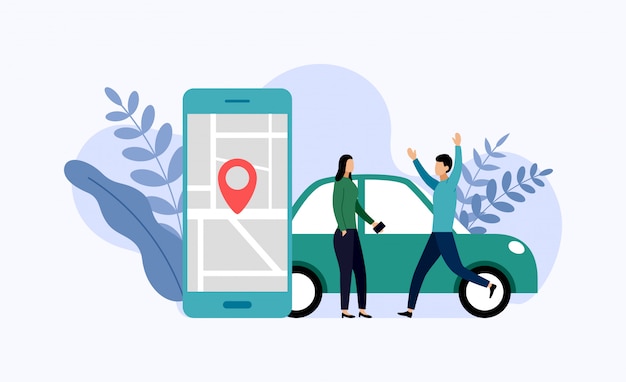 Serviço de compartilhamento de carro, transporte móvel da cidade, ilustração em vetor conceito negócio