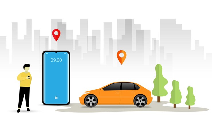 Vetor serviço de compartilhamento de carros com telefone de mapa
