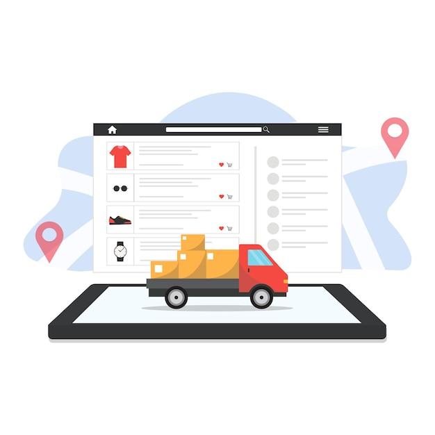 Serviço de compras e entregas on-line Ilustração vetorial Design de estilo de desenho animado plano