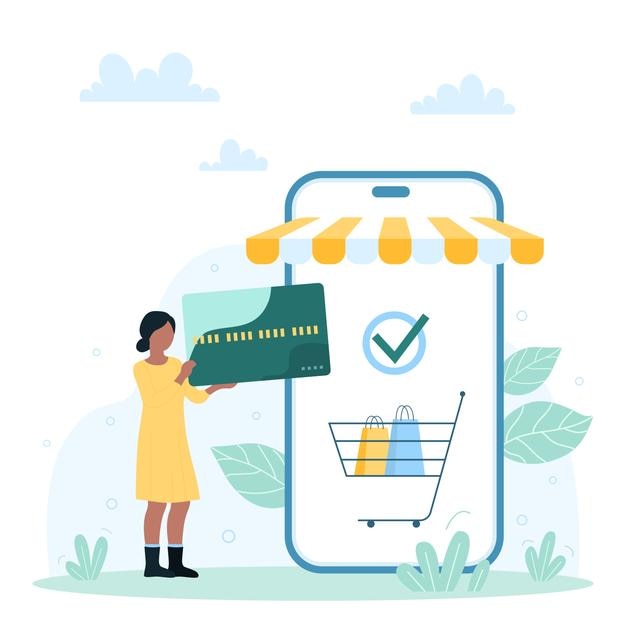 Serviço de compras on-line em aplicativo móvel pequeno cliente segurando cartão de crédito para comprar presentes
