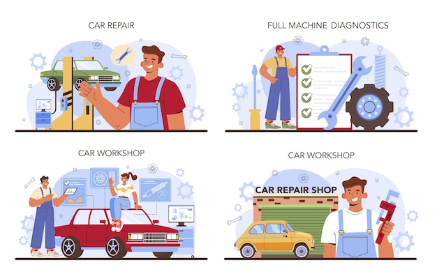 Serviço de conserto de automóveis conjunto automóvel consertado em mecânico de oficina de automóveis