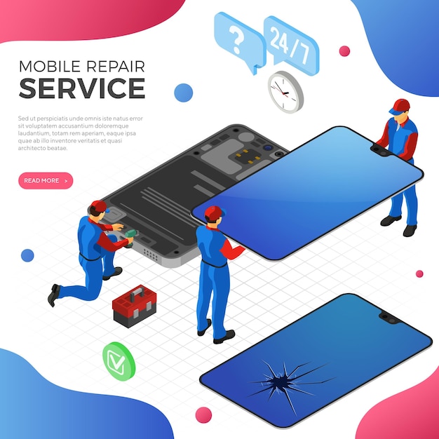 Vetor serviço de conserto de celular com pessoas em uniforme conserta tela de smartphone quebrada