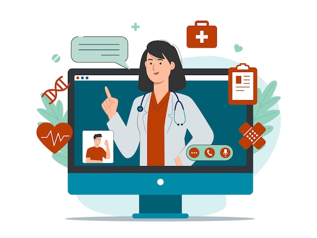 Vetor serviço de consulta médica online com paciente e médica na tela do computador