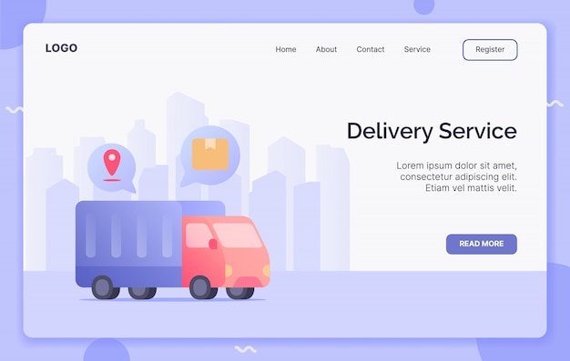 Serviço de entrega com conceito de campanha de caixa de transporte de armazém de caminhão para aterrissagem de modelo de site ou site de home page. Ilustração do estilo moderno desenho animado plana.