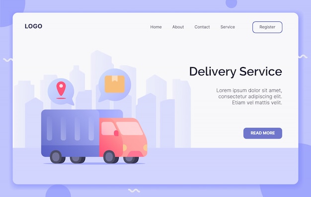 Serviço de entrega com conceito de campanha de caixa de transporte de armazém de caminhão para aterrissagem de modelo de site ou site de home page. ilustração do estilo moderno desenho animado plana.
