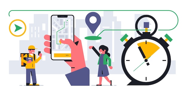 Vetor serviço de entrega de comida online para sua casa o correio recebeu um pedido de entrega de comida por meio de um aplicativo móvel aplicativo de telefone mapa de mão rua localização da cidade gps mulher ilustração vetorial