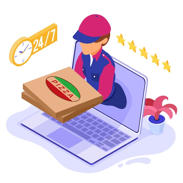 Serviço de entrega de encomendas e pacotes online rápido e gratuito. envio de fast food. correio isométrico com pizza. entregador do laptop. pedido online com computador isométrico