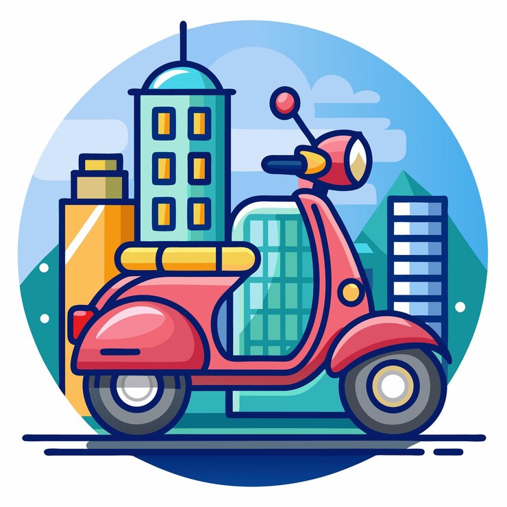 Vetor serviço de entrega de scooters coloridos com um marcador de alfinete em um cenário urbano