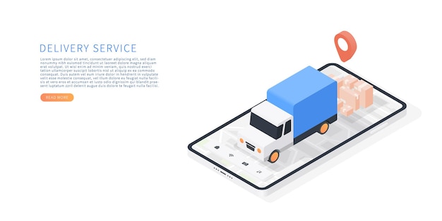 Serviço de entrega em aplicativo móvel Entrega de transporte por caminhão Vector isométrico com smartphone caminhão mapa de mapeamento de parcelas de rastreamento.