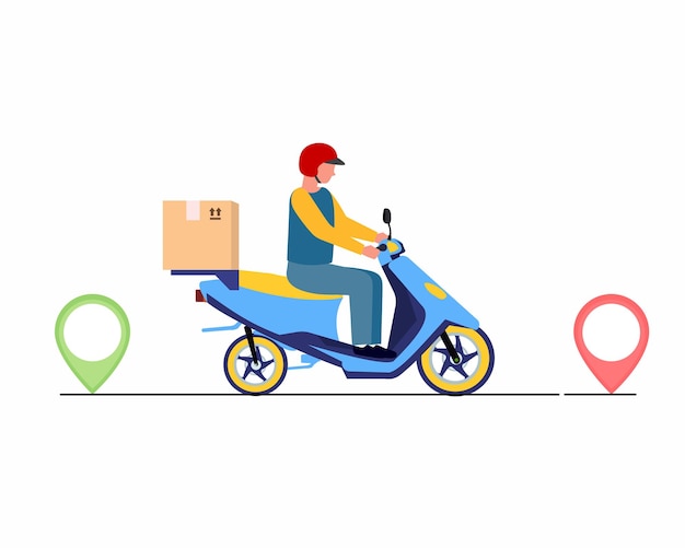 Serviço de entrega expressa correios em scooter com caixa de encomendas entregando comida na cidade