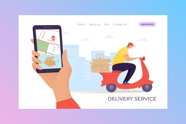 Vetor serviço de entrega, ilustração vetorial de pouso móvel, peça pizza em casa através do aplicativo em seu