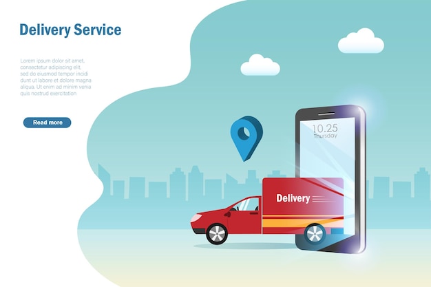 Serviço de entrega online expresso caminhão de entrega com rastreamento de envio por gps no smartphone