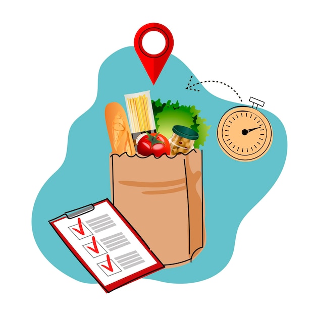 Serviço de entrega. Saco de comida. Lista de compras. Ilustração vetorial