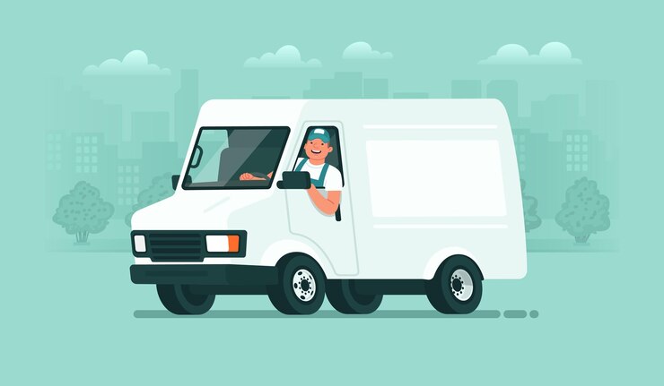 Vetor serviço de entrega um motorista do sexo masculino uniformizado anda em uma van tendo como pano de fundo a cidade carrier