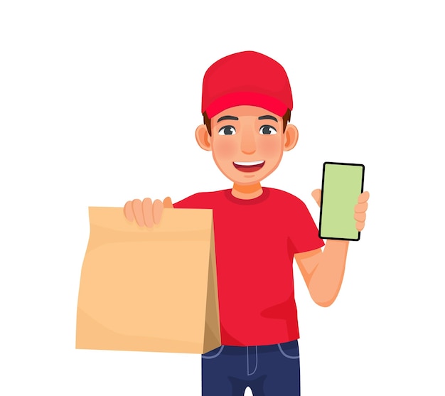 serviço de entregador com uniforme de boné vermelho segurando o pacote de comida mostrando o telefone com tela em branco