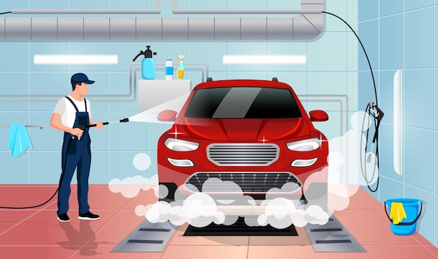 Serviço de lavagem de carros Interior de lavagem de carros Trabalhador em automóvel de lavagem uniforme com espuma por água de alta pressão Lavadora de detalhamento profissional em spa automotivo Ilustração em vetor estação de limpeza de garagem