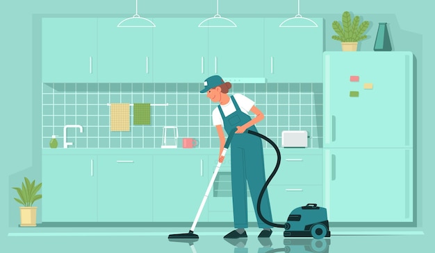Serviço de limpeza Empregada faxineira de uniforme aspira o chão da cozinha Limpeza doméstica