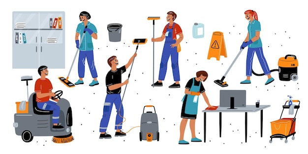 Serviço de limpeza Trabalhadores profissionais engraçados limpam escritório Personagem de limpeza com equipamento Pessoas esfregando ou aspirando Especialistas em limpeza isolados Equipe de limpeza em uniforme conjunto de vetores garish