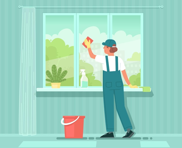 Serviço de limpeza uma faxineira de uniforme lava janelas com detergente limpeza de apartamentos