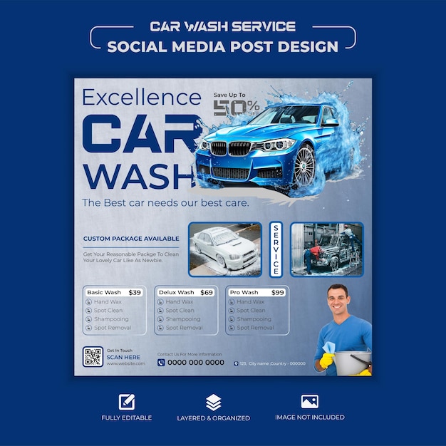 Serviço de limpeza vetorial gratuito de lavagem de carros, modelo de design de postagem de mídia social ou banner da web com mockup.