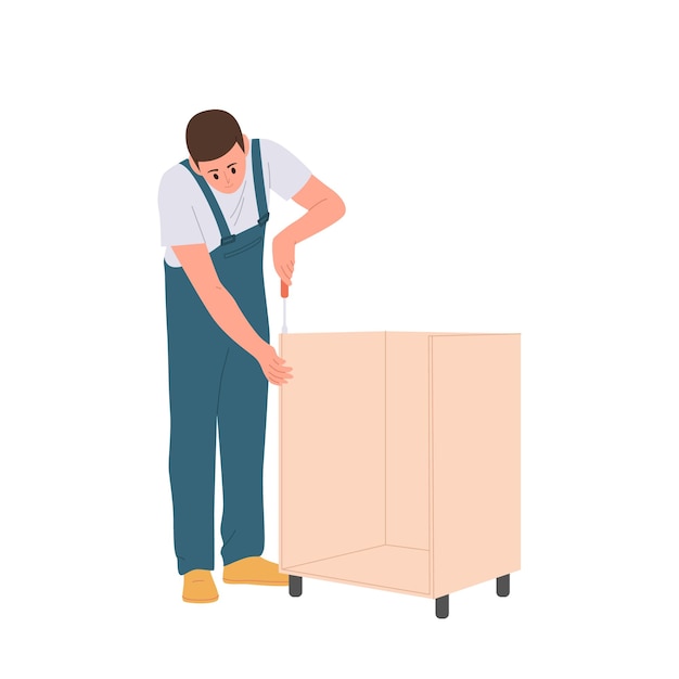 Serviço de montagem fabricante de móveis personagem de desenho animado usando hardware fazendo gabinete para design de sala