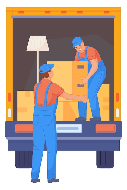 Vetor serviço de mudança de casa trabalhadores carregando caixas para caminhão