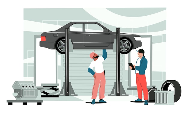 Vetor serviço de reparação de automóveis reparador de motores de automóveis mecânico com ferramentas na garagem