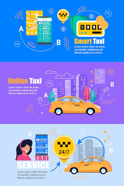 Serviço de Taxi Smartphone. Conjunto de Banner plana da Web.