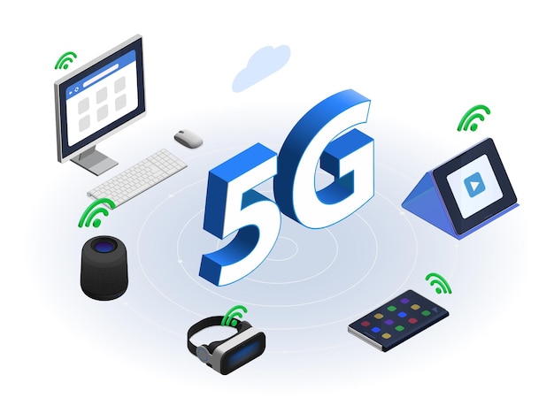 Serviço de tecnologia de internet 5g Conexão rápida e serviço em nuvem Gadgets digitais alto-falante inteligente e óculos de realidade virtual Conceito vetorial Pithy