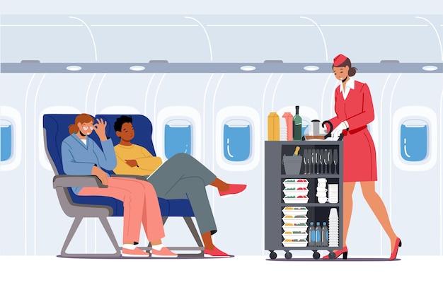 Vetor serviço de transporte aéreo tripulação de avião e personagens de passageiros voando no avião comissário de bordo com bebidas e refeições para pessoas em cadeiras na classe econômica dos desenhos animados ilustração vetorial