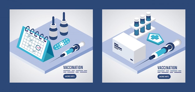 Serviço de vacinação com injeção e calendário isométrico