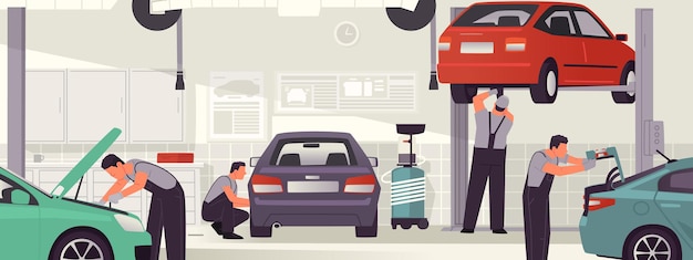 Serviço e reparo de automóveis Oficina de automóveis mecânicos de interiores homens veículos de serviço
