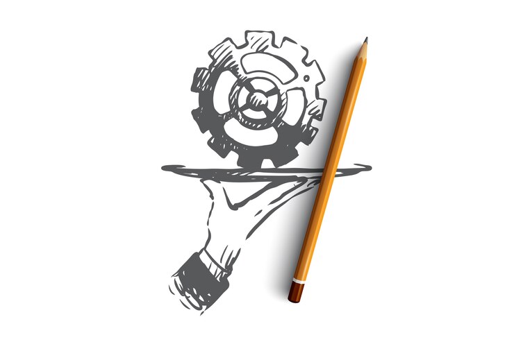 Vetor serviço, engrenagem, tecnologia, conserto, conceito de reparo. entregue a engrenagem desenhada como símbolo do esboço do conceito de serviço de tecnologia.