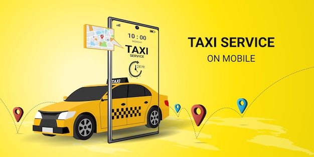 Serviço on-line de táxi em aplicativo móvel com táxi amarelo e localização Obter um conceito de táxi para pedido de serviço de táxi ilustração vetorial de perspectiva 3d em fundo amarelo