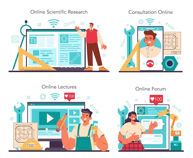 Serviço online de engenheiro ou conjunto de plataforma. Ocupação profissional para inventar, projetar e construir máquinas e estruturas. Consulta online, fórum, palestra, pesquisa. Ilustração vetorial plana