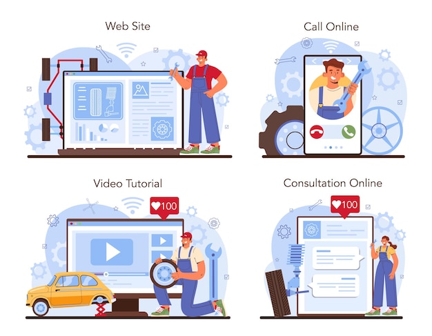 Serviço online de serviço de pneus de carro ou conjunto de plataforma. trabalhador trocando um pneu