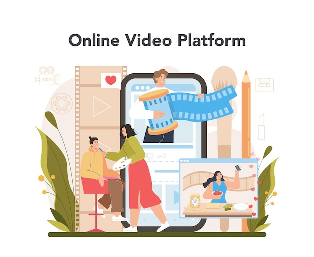 Serviço ou plataforma on-line do blogueiro de vídeo compartilhamento de conteúdo de vídeo na internet plataforma de vídeo on-line ilustração vetorial plana