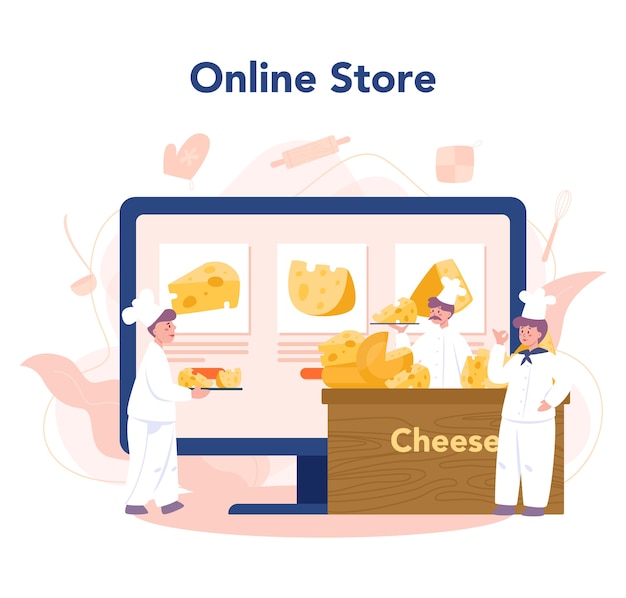 Serviço ou plataforma online de conceito de fabricante de queijo. chef profissional fazendo bloco de queijo. loja online. ilustração vetorial isolada
